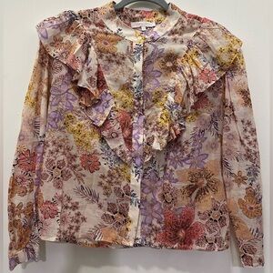 Olivaceous Floral Ruffle Blouse Buttoned Down Sz L